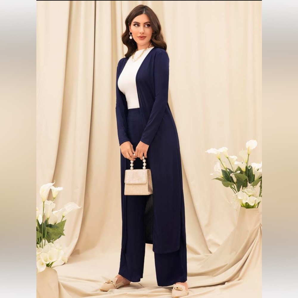 Shein it an open front coat and pants set in Navy Blue.